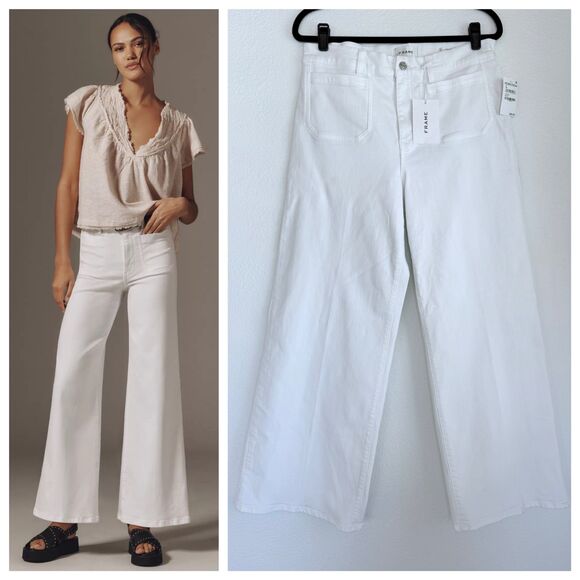 NWT FRAME Denim Le Slim Palazzo High Rise Wide Leg Flare Jeans in White Size 32 - Picture 1 of 15